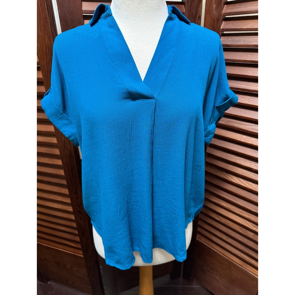 Liz Claiborne Deep Lagoon Teal V-Neck Cuffed Short Sleeve Blouse XS NWT